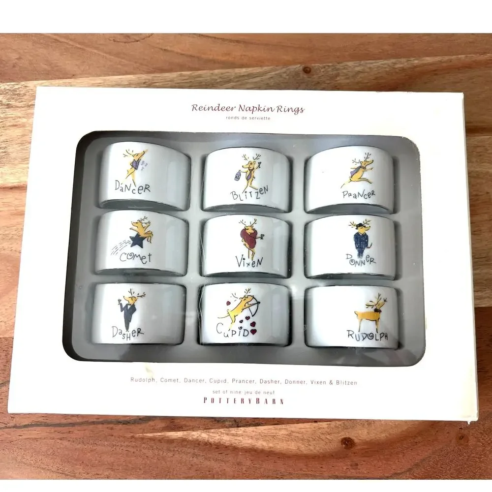 New Retired Set 9 Pottery Barn reindeer ceramic napkin rings Rudolph Santa's